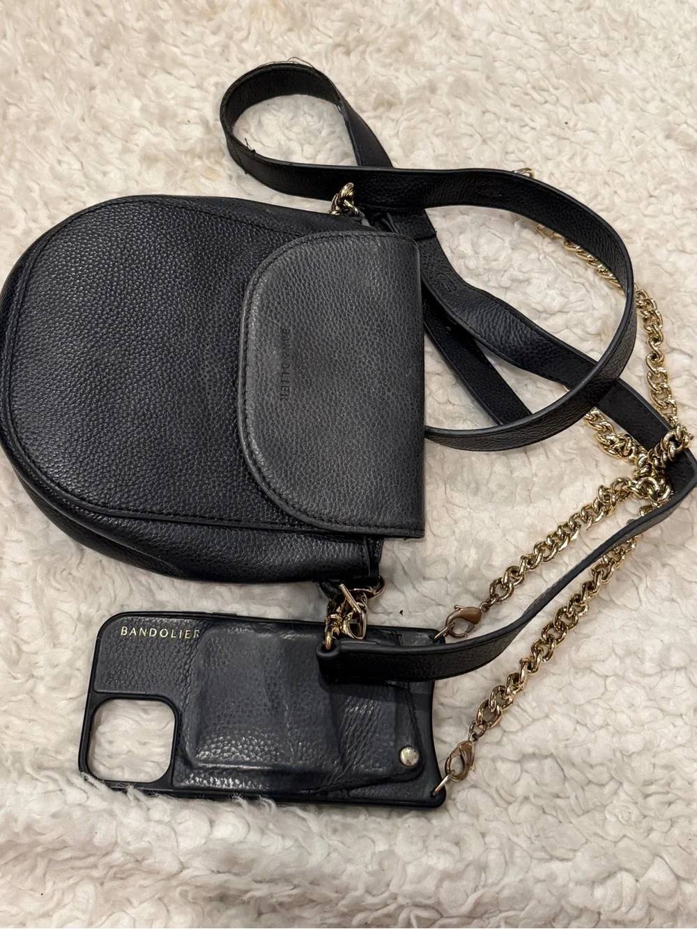 Bandolier Black Pebbled Leather Crossbody and Phone Case with Gold Chain